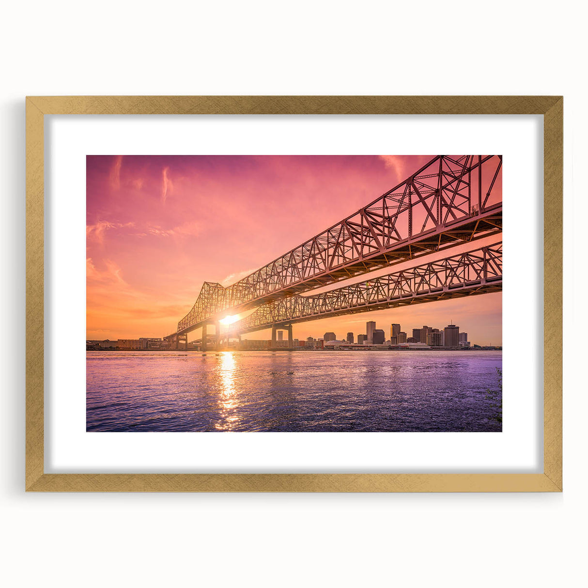 Extra large abstract art print of New Orleans scenery in gold frame, featuring textured details and vibrant colors.