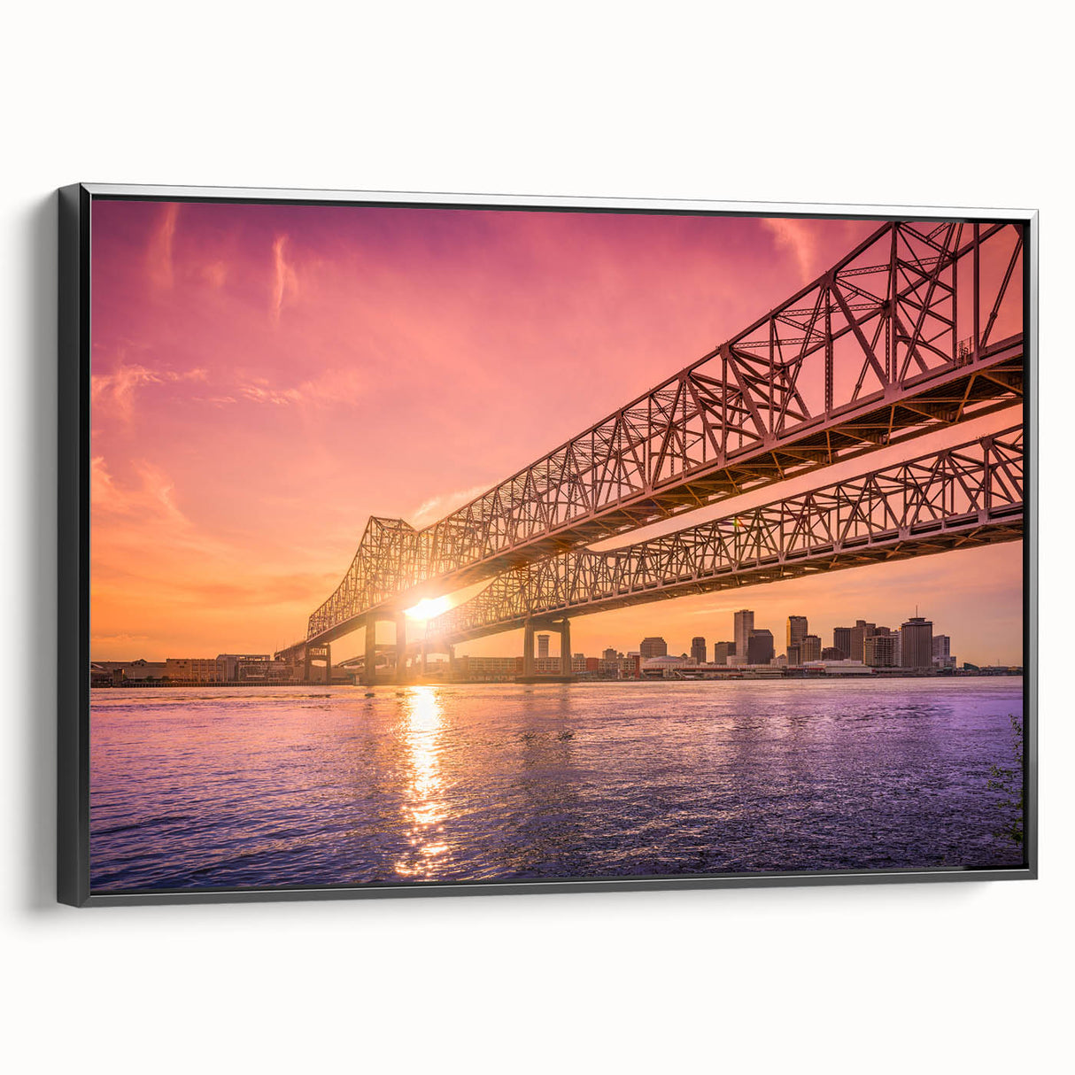 Black and white framed canvas of New Orleans landscape, ideal for bedroom decor.