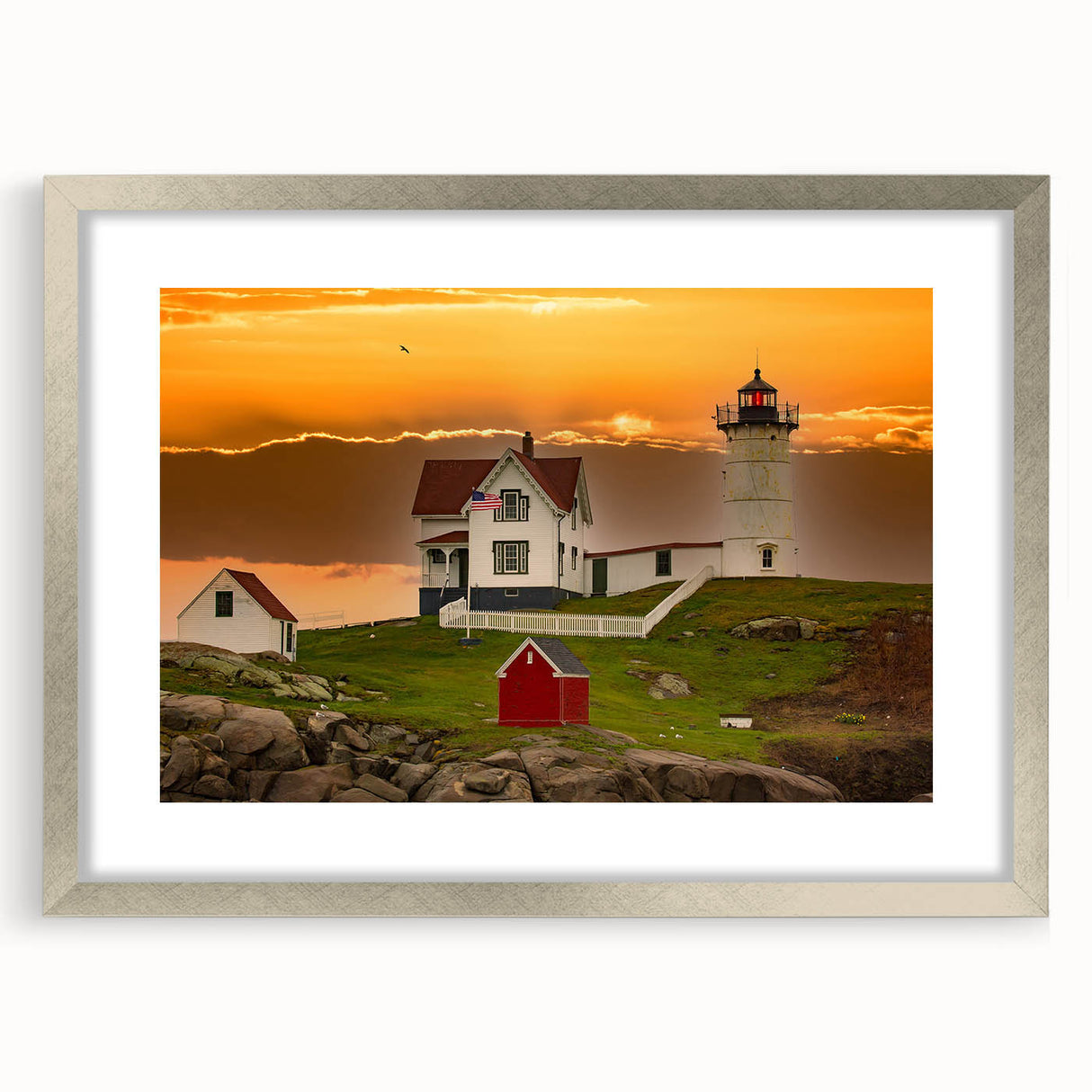 Textured abstract art print of a serene Maine landscape in muted earth tones, framed in silver, ideal for bedroom art.