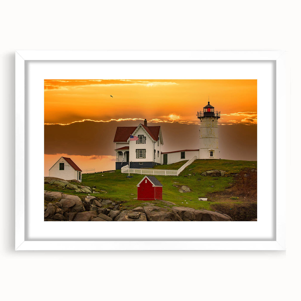 Abstract art print of Maine scenery in muted blue and green tones on a white framed poster, suitable for dining room decor.