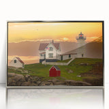 Mid-century modernist art depicting Maine scenery in muted earth tones on a silver-framed acrylic print.