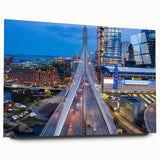 Acrylic print of a large abstract depiction of the Boston skyline in muted gray and blue tones.