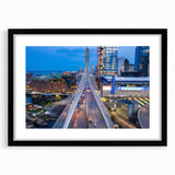 Abstract art print of Boston skyline with vibrant, colorful strokes on a black framed canvas, ideal for living room decor.