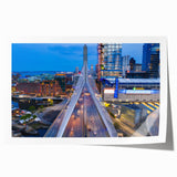 Boston city skyline in muted gray and blue tones on a rolled canvas, suitable for dining room or bathroom wall art.