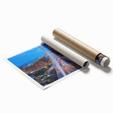 Boston skyline in muted gray and blue tones on a rolled canvas, suitable for classy bathroom wall art.