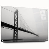 Acrylic print of a large abstract depiction of Detroit skyline in muted gray and blue tones.