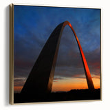 Framed canvas wall art depicting the St. Louis skyline in silver and gold tones, ideal for bedroom decor.