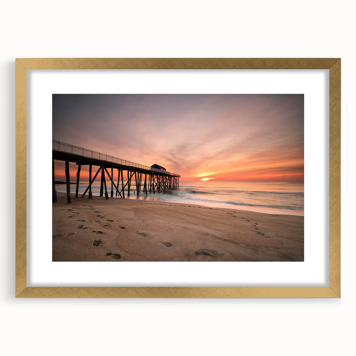 Extra large abstract art print of a textured New Jersey scenery, in muted earth tones, framed in gold.