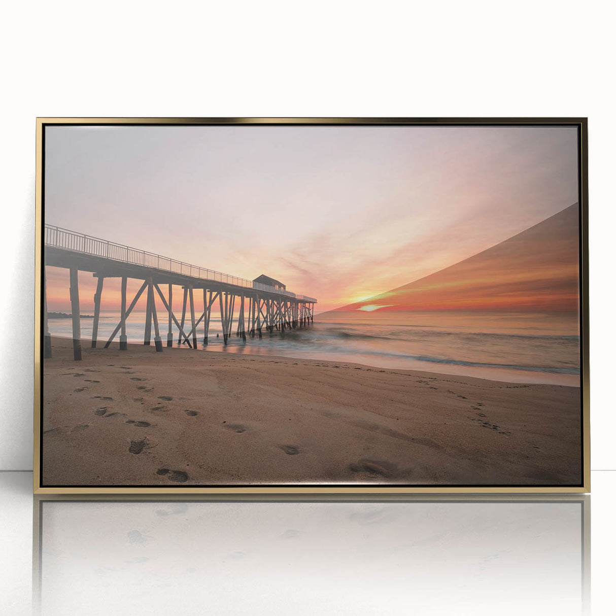 Large art print featuring a mid-century modernist New Jersey scenery in gold tones on acrylic.