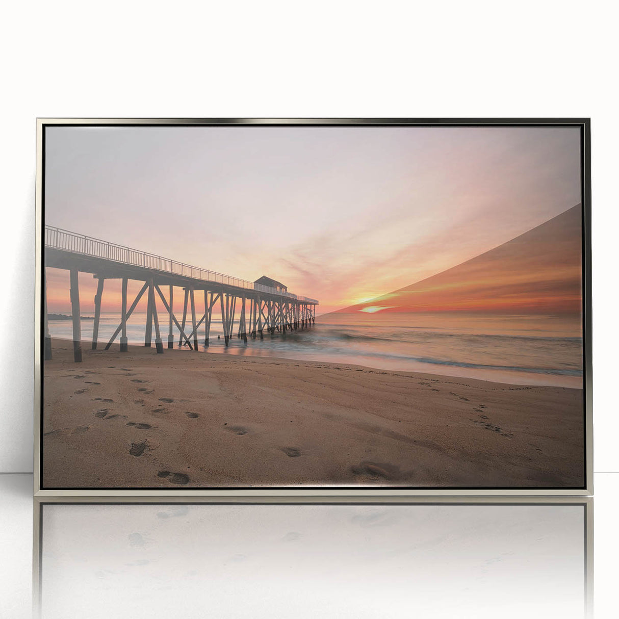 Mid-century modernist acrylic print of a New Jersey landscape in muted earth tones, framed in silver.