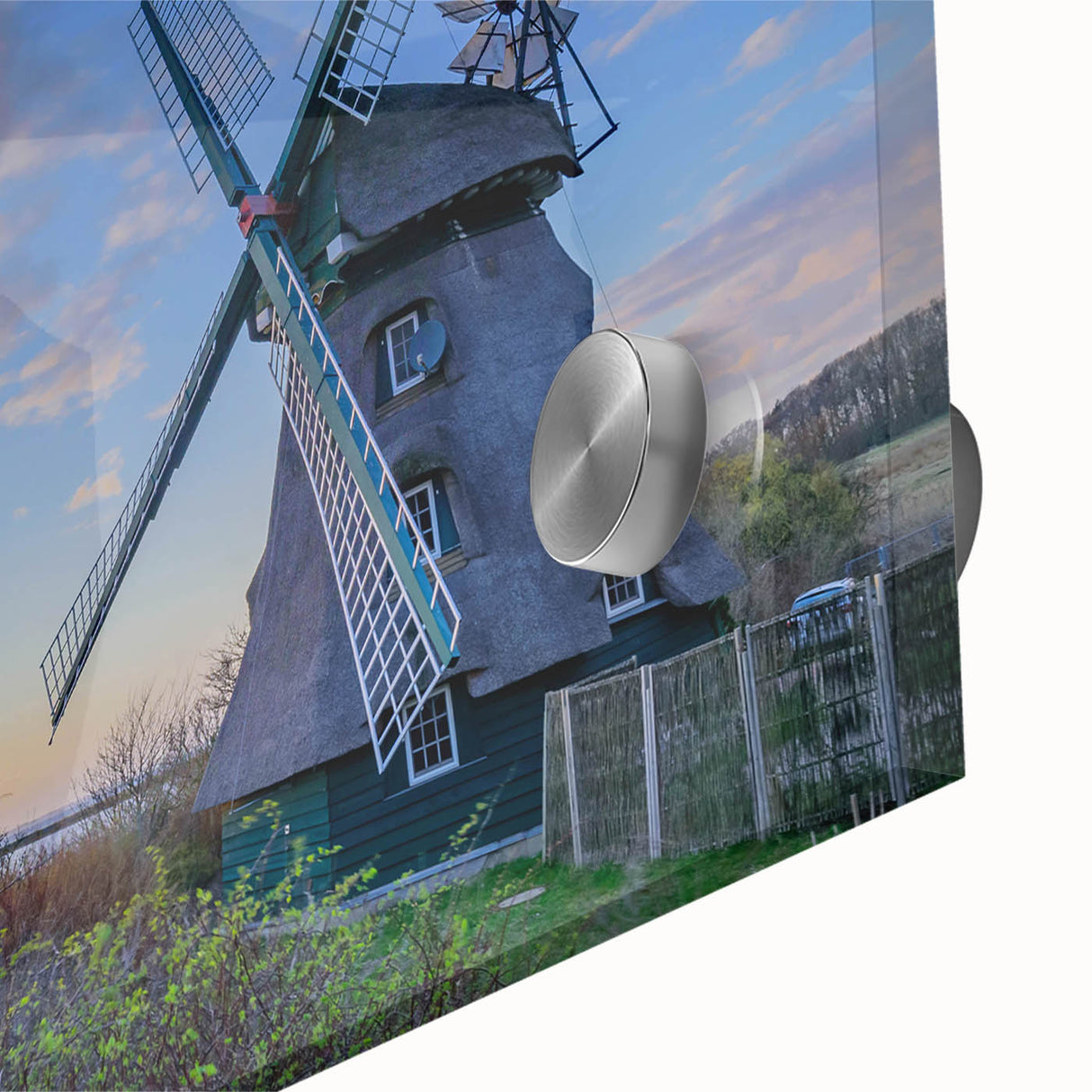 Large abstract wall art of Charlotte skyline in muted blue and gray tones on acrylic glass, ideal for dining room art.