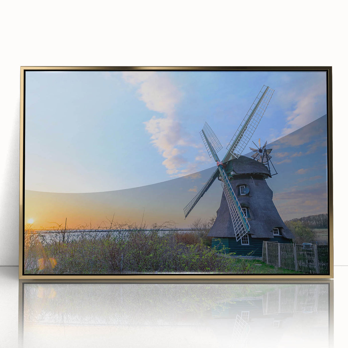 Large art print of Charlotte skyline in muted gold and blue tones, framed acrylic, ideal for modern art wall decor.