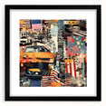 Abstract art print of Manhattan skyline in colorful, textured strokes on a large framed canvas, ideal for living room decor.