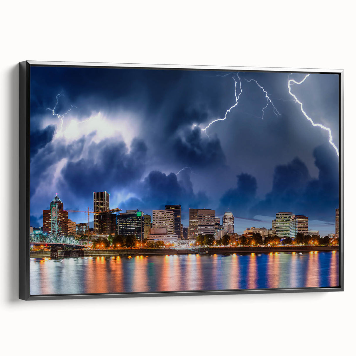 Black and white landscape art painting of Portland, Oregon on framed canvas, ideal for bedroom wall decor.