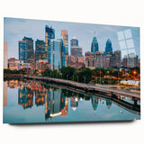 Large abstract wall art of Pennsylvania scenery in muted green and blue tones on acrylic glass.
