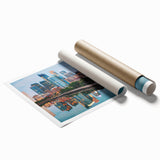 Rolled print of a Pennsylvania landscape with soft floral elements in muted green and blue tones.