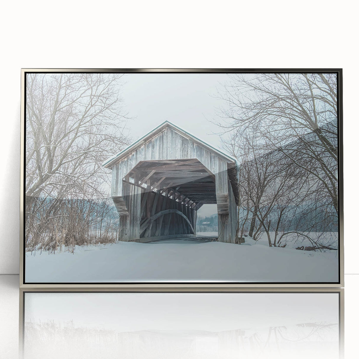 Mid-century modernist art featuring a serene Vermont landscape in muted earth tones, silver-framed acrylic print.