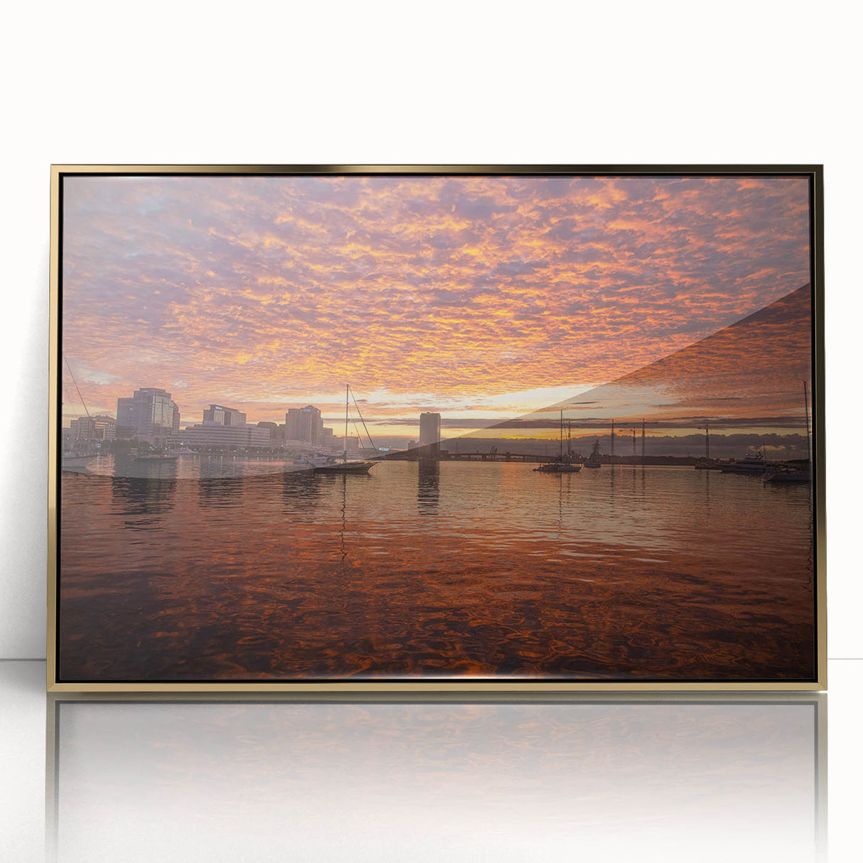 Mid-century modernist art depicting Virginia scenery in gold and green tones on a framed acrylic print.