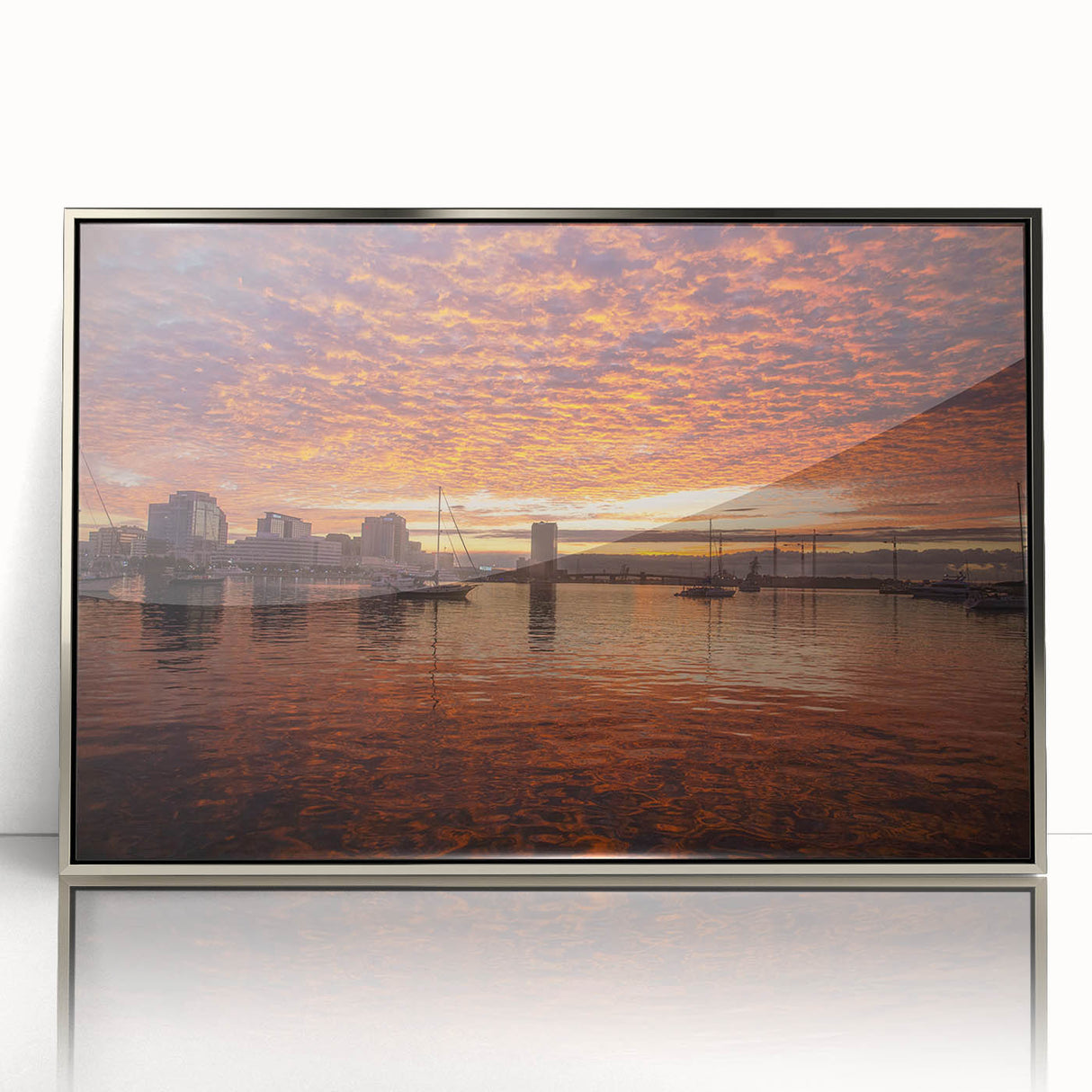 Mid-century modernist art of Virginia scenery in muted green and blue tones, acrylic print framed in silver.