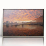 Mid-century modernist art of Virginia scenery in muted green and blue tones, acrylic print framed in silver.