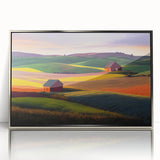 Mid-century modernist art depicting the Palouse scenery in Washington, framed in silver acrylic.