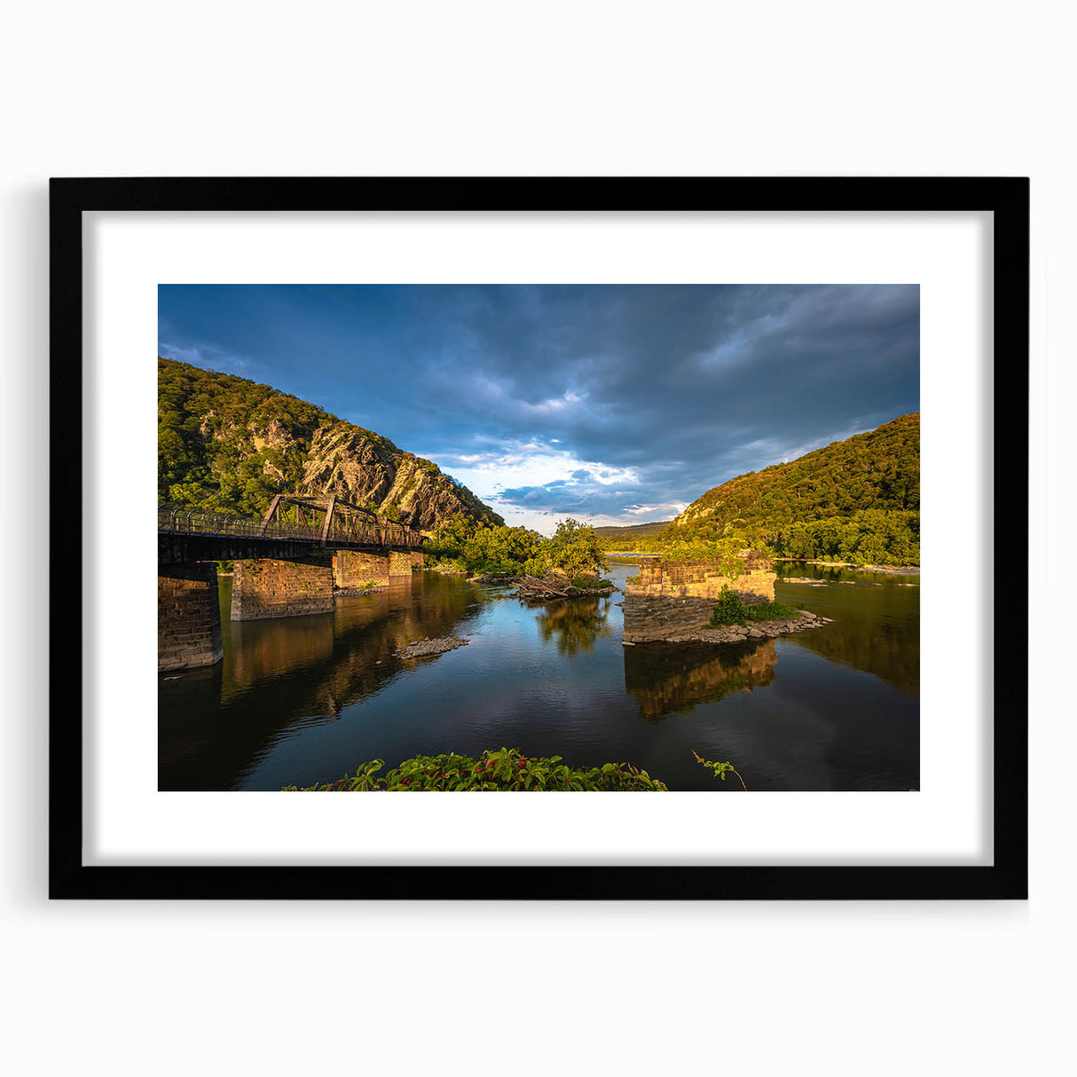 Colorful abstract art print of textured West Virginia scenery in black frame, ideal for living room decor.