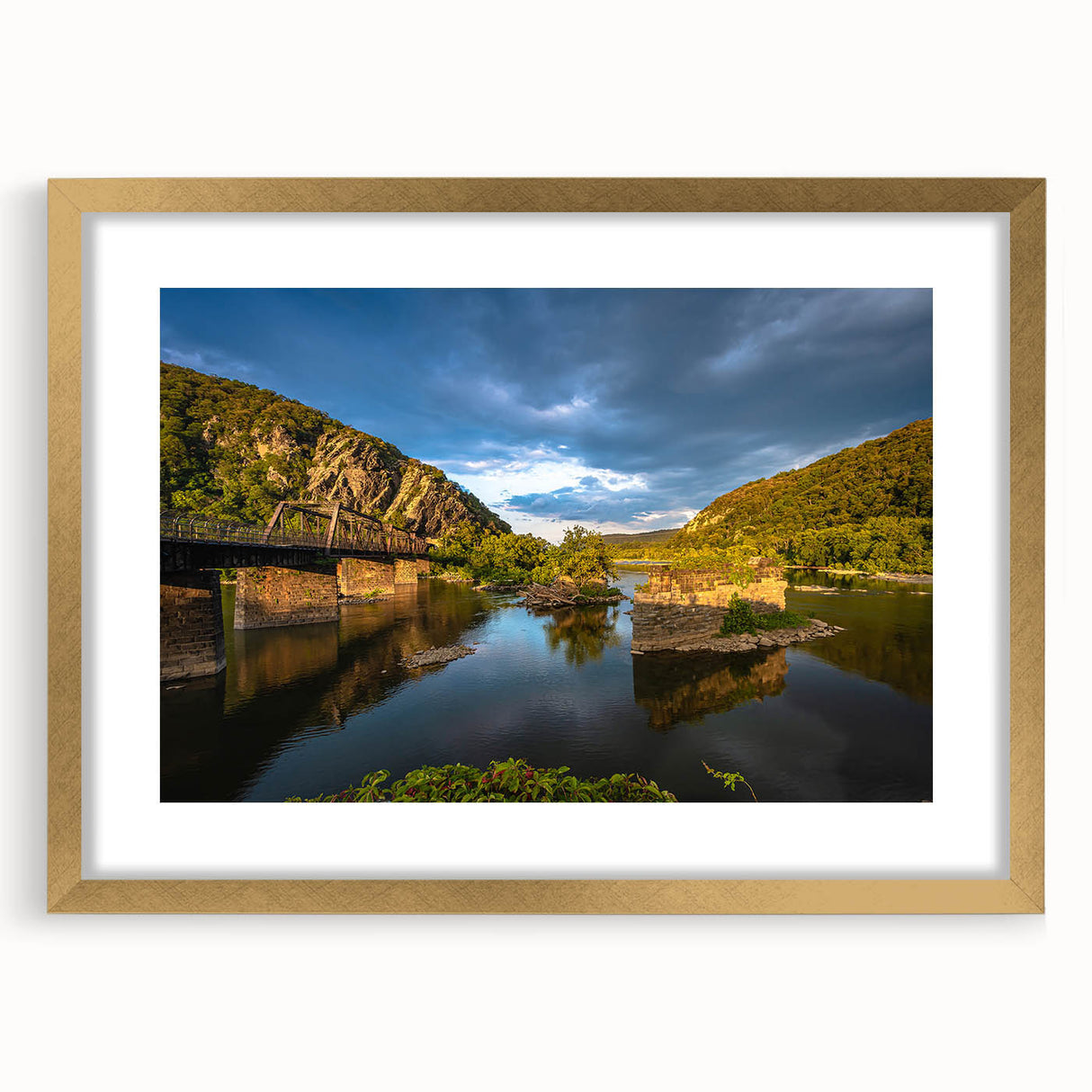 Abstract art print depicting textured scenery of West Virginia, in a gold frame with mat.