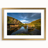 Abstract art print depicting textured scenery of West Virginia, in a gold frame with mat.