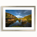 Textured abstract art print of West Virginia scenery in muted earth tones on a framed canvas, suitable for bedroom decor.