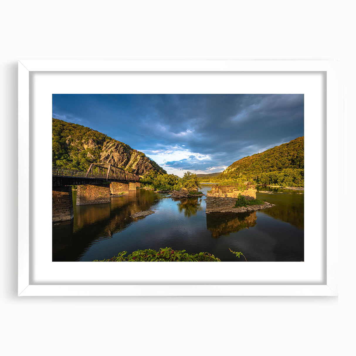 Abstract art print of West Virginia scenery in muted green and blue tones on a white framed canvas.
