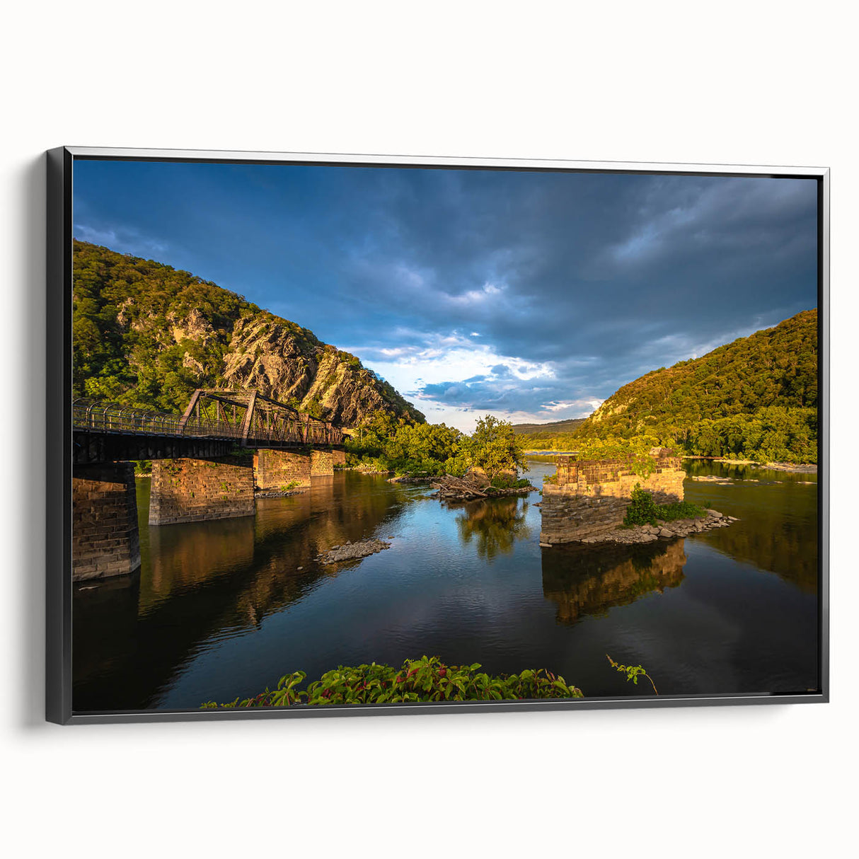 Black and white framed canvas of a West Virginia landscape, ideal for bedroom wall art.