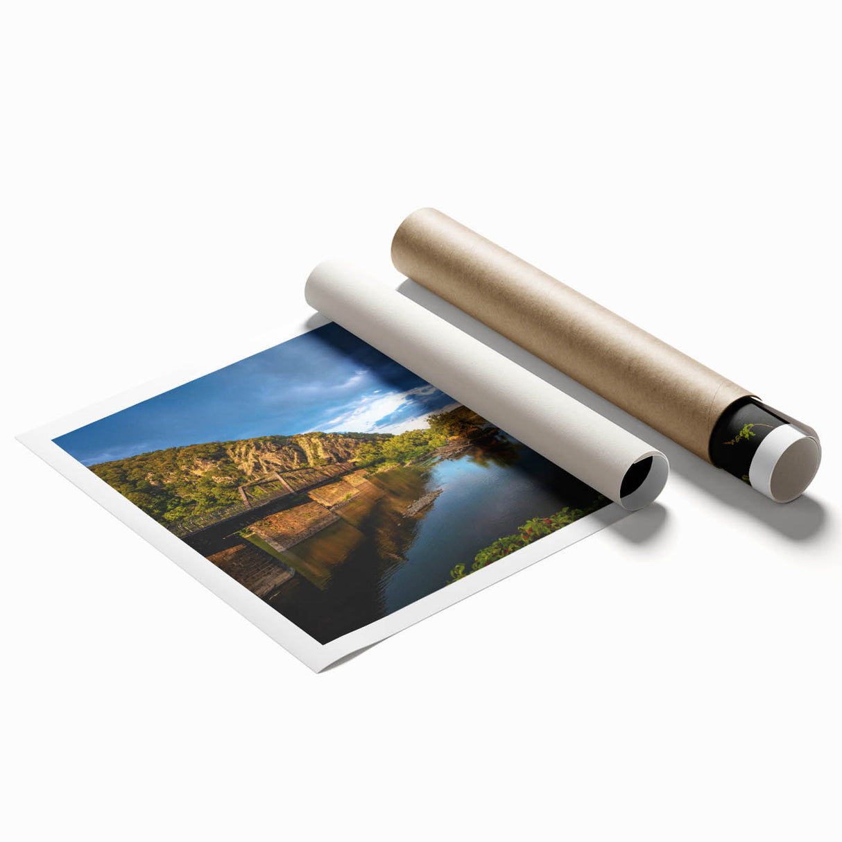 Extra large rolled print of West Virginia scenery with floral art in soft pastel shades, ideal for classy bathroom wall art.