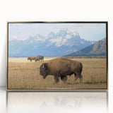 Large art print of the Grand Tetons in muted earth tones, framed in gold acrylic, fitting for modern nursery decor.
