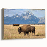 Framed canvas featuring a vintage-style landscape painting of the Grand Tetons, with muted earth tones.
