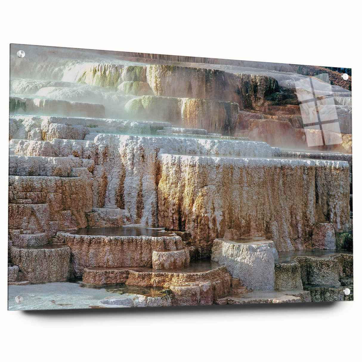Acrylic print of Yellowstone scenery with vibrant green and blue tones, ideal for dining room decor.