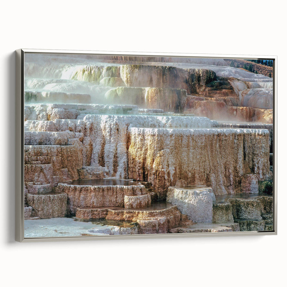 Framed canvas of Yellowstone landscape painting in vibrant colors, ideal for office wall decor.