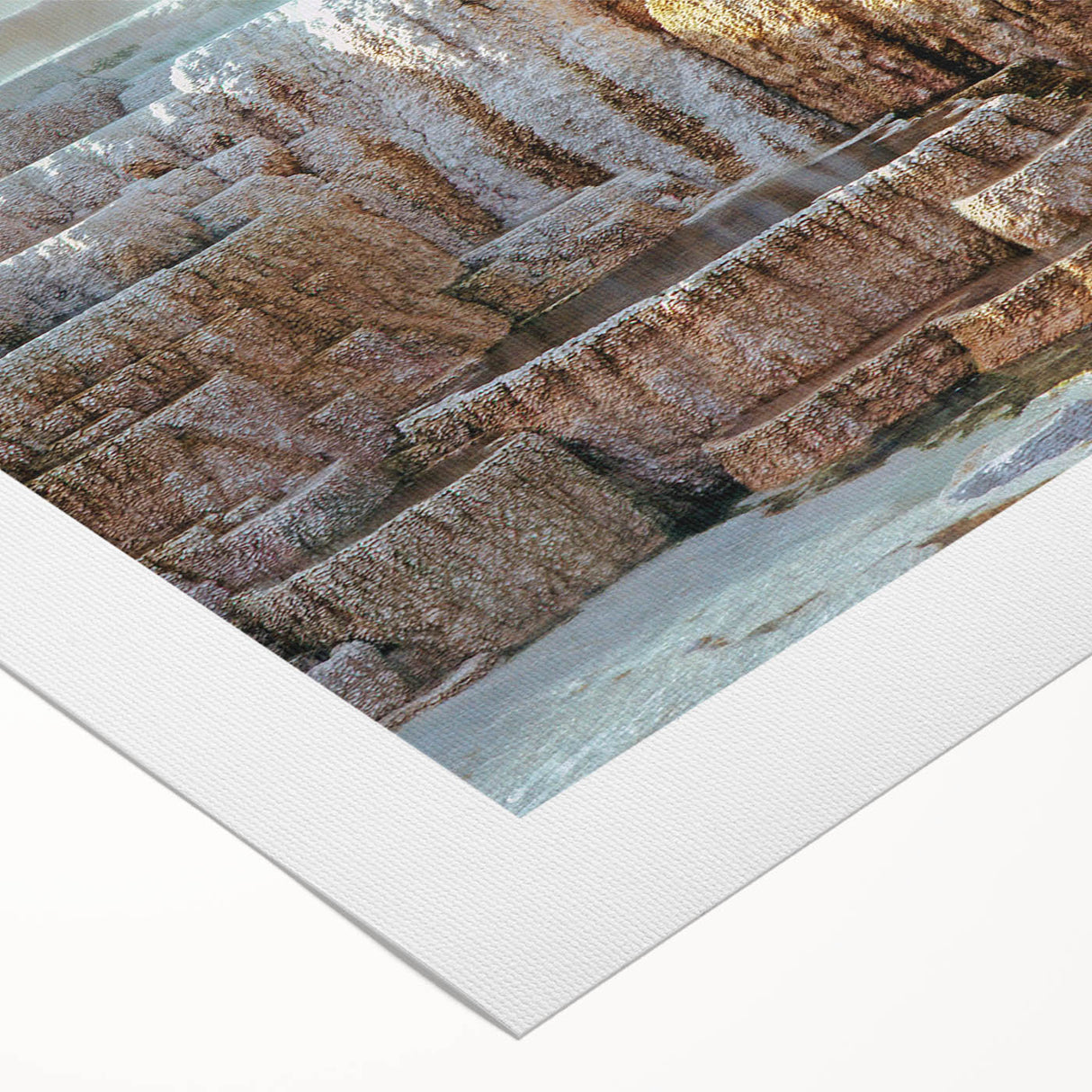 Art deco poster of Yellowstone scenery on rolled canvas, featuring muted earth tones, ideal for dining room wall art.