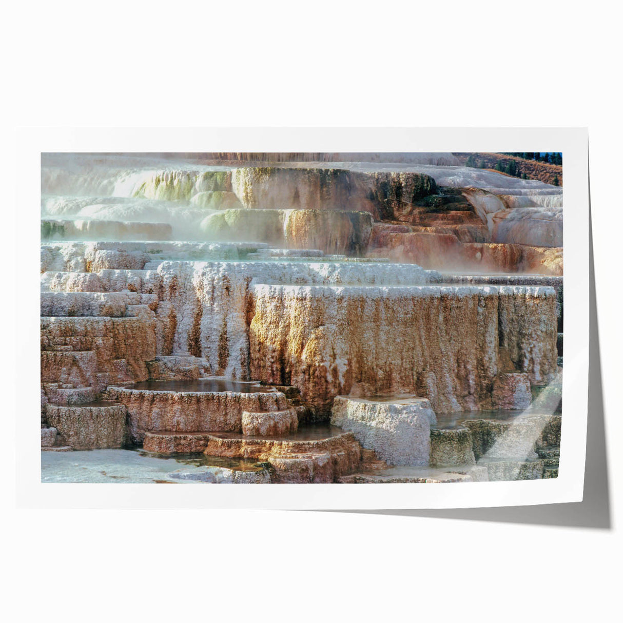 Yellowstone landscape on rolled print, featuring vibrant green and blue hues, ideal for art wall dining room decor.