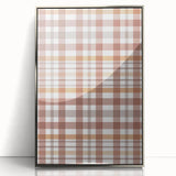 Mid-century modernist art depicting autumn trees in muted orange and brown tones on a silver-framed acrylic print.