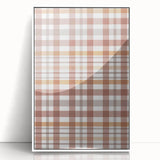 Art Deco poster of a stylized fall scene in warm orange and brown hues, acrylic print framed in white.