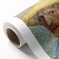 Art Deco poster featuring a rolled canvas print of Van Gogh's style in vibrant blue and yellow tones.