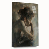 Abstract figurative acrylic art piece displayed in a sleek glass frame, showcasing vibrant colors and dynamic shapes, perfect for modern home decor.