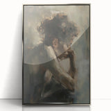 Framed abstract figurative artwork in silver finish, showcasing dynamic shapes and vibrant colors against a neutral background, ideal for modern decor.