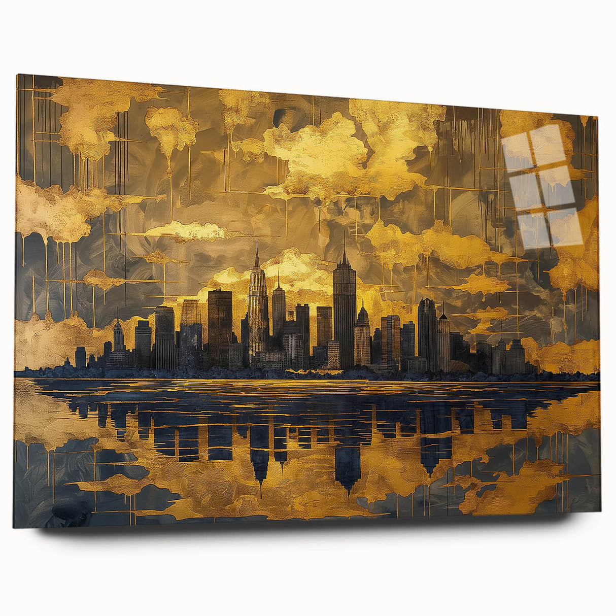 Abstract landscape wall art design printed on acrylic glass, showcasing vibrant colors and smooth edges, ideal for modern home decor. The artwork features a stunning blend of blues, greens, and earthy tones, creating a serene and captivating scene perfect for any living space.