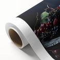 Art Deco style poster featuring an assortment of colorful fruits on rolled canvas, ideal for nursery wall art.