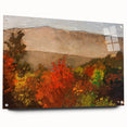 Large abstract wall art depicting fall seasons in warm orange and red tones on acrylic glass.
