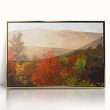 Large art print of a mid-century modernist fall scene, with warm gold and brown tones on acrylic.