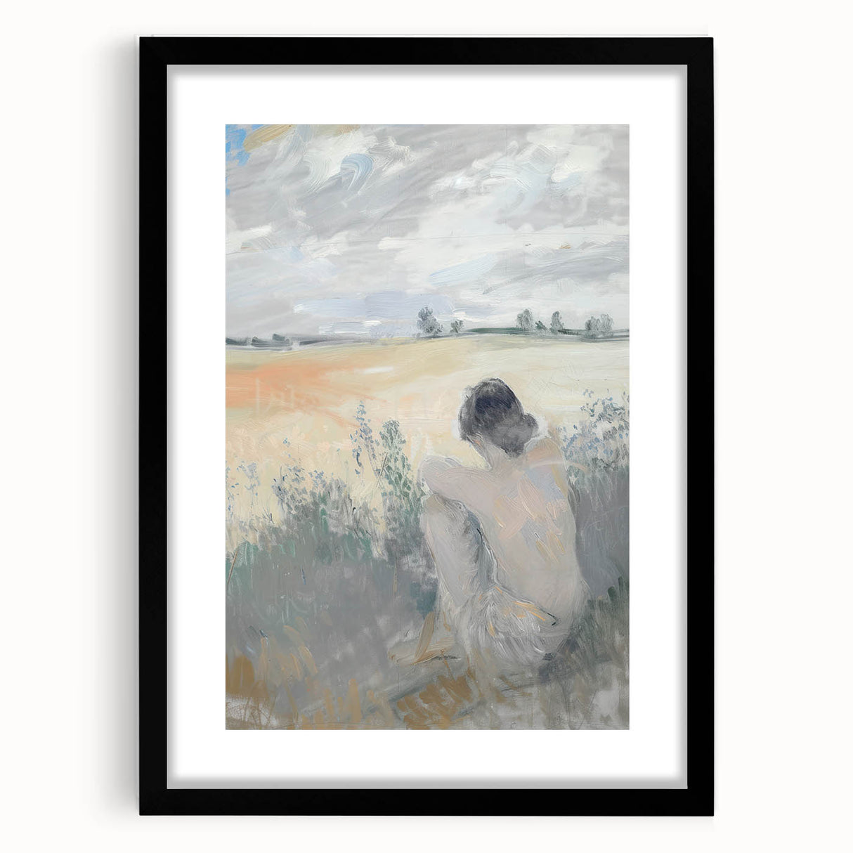 Abstract figurative art frame in matte black, showcasing a modern design with a sleek front view. Ideal for contemporary decor, enhancing any living space.