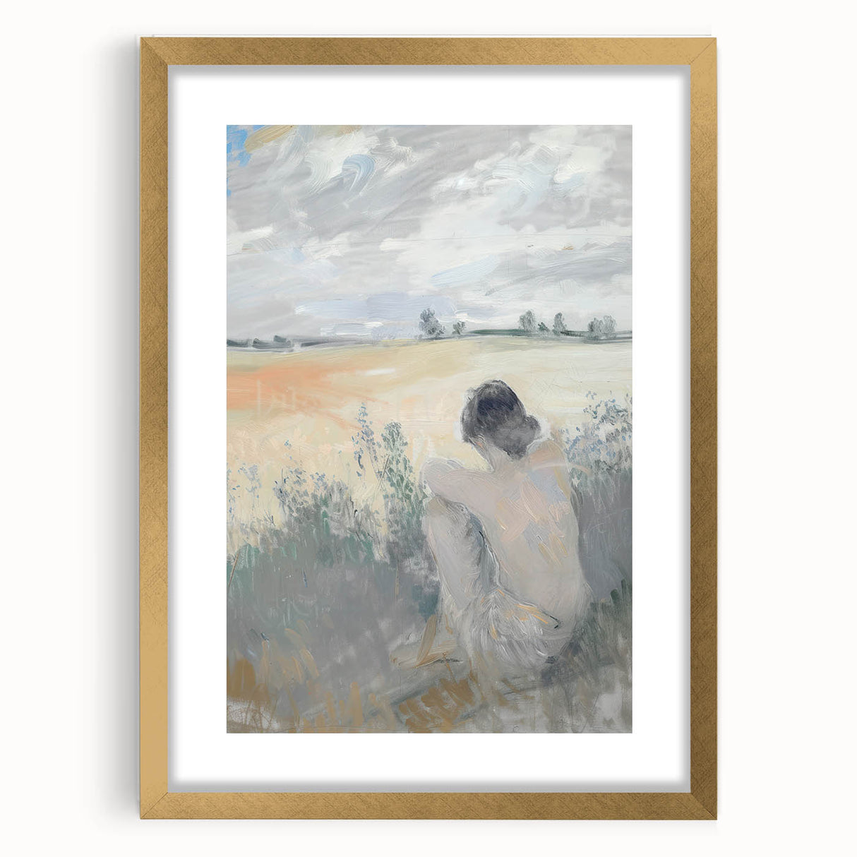 Abstract figurative art print in a gold frame with a mat, showcasing vibrant colors and unique shapes, ideal for modern home decor and artistic displays.