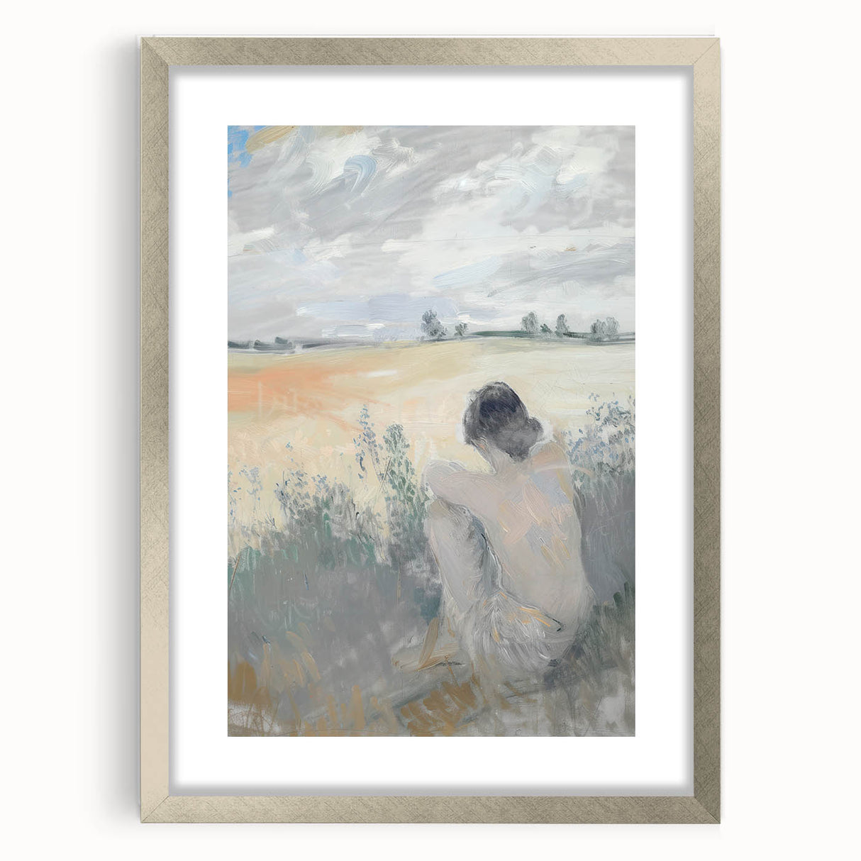 Abstract figurative frame in silver with a mat, showcasing a modern artistic design. Ideal for contemporary home decor, adding elegance to any space.